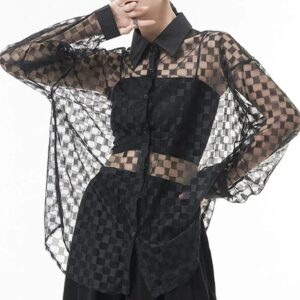 Kinky Cloth Black / One Size See-Through Black Plaid Blouse