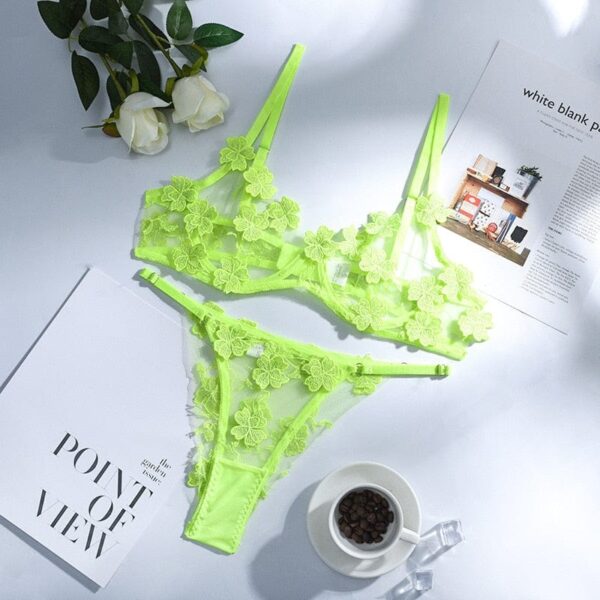 Kinky Cloth Neon Green / S See Through Floral Bra Set