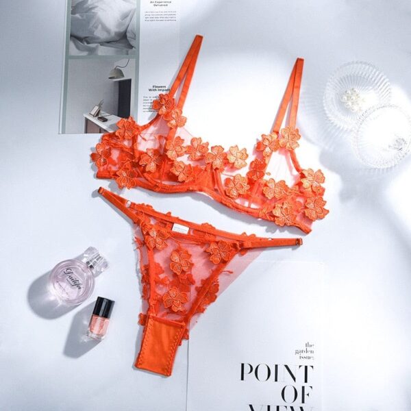 Kinky Cloth Orange / S See Through Floral Bra Set