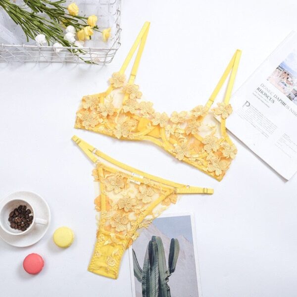 Kinky Cloth Yellow / S See Through Floral Bra Set