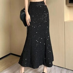 Kinky Cloth Black / L Sequin Long Mermaid Skirt