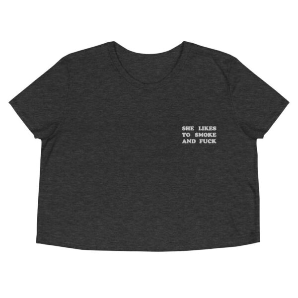 Kinky Cloth Dark Grey Heather / S She Likes To Smoke And Fuck White Embroidered Crop Top