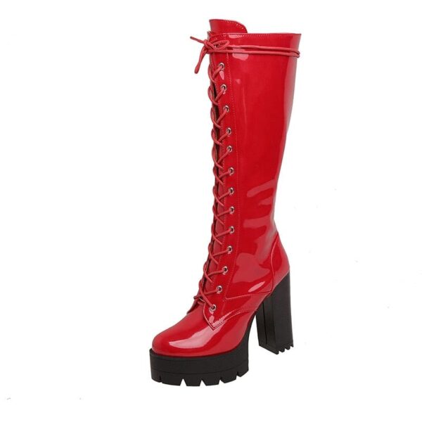 Kinky Cloth Red / 4 Shiny Knee High Boots