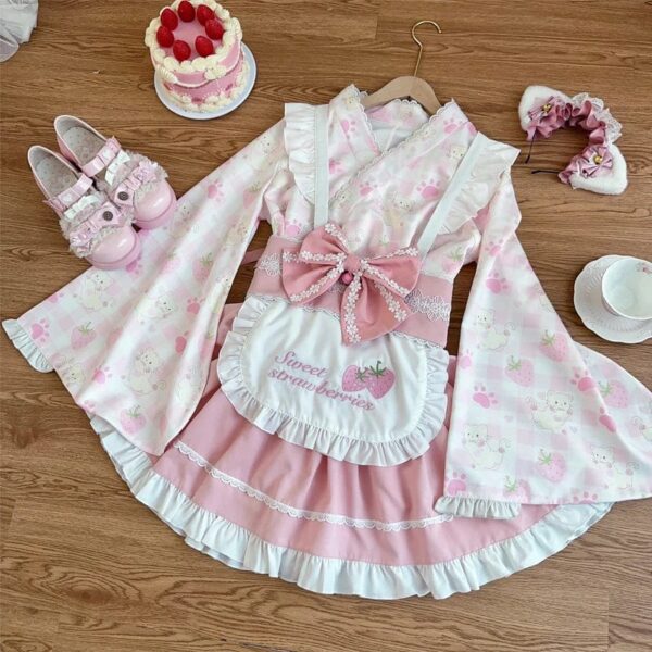 Kinky Cloth Pink / S Strawberry Cat Print Kimono Dress