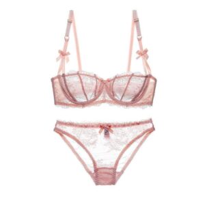 Kinky Cloth lingerie Pink / 70D Transparent Lace Bra Panty Garter Set