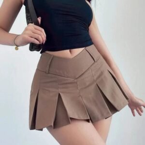 Kinky Cloth Khaki / XS V-Waist Pleated Mini Skirt