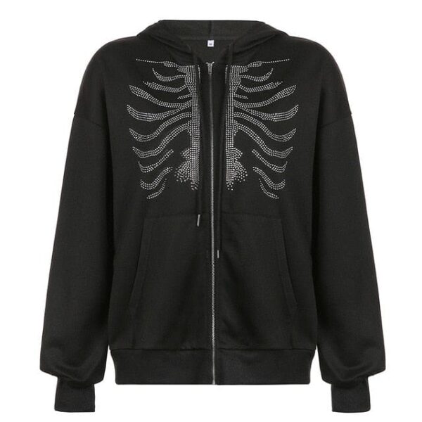 Kinky Cloth 0 EA02213-Black / S Y2K Rhinestone Skeleton Hoodies Women Autumn Streetwear Zip Up Goth Black Sweatshirts Harajuku Grunge Oversized Winter Hoodies