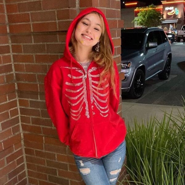 Kinky Cloth 0 EA02213-Red / S Y2K Rhinestone Skeleton Hoodies Women Autumn Streetwear Zip Up Goth Black Sweatshirts Harajuku Grunge Oversized Winter Hoodies