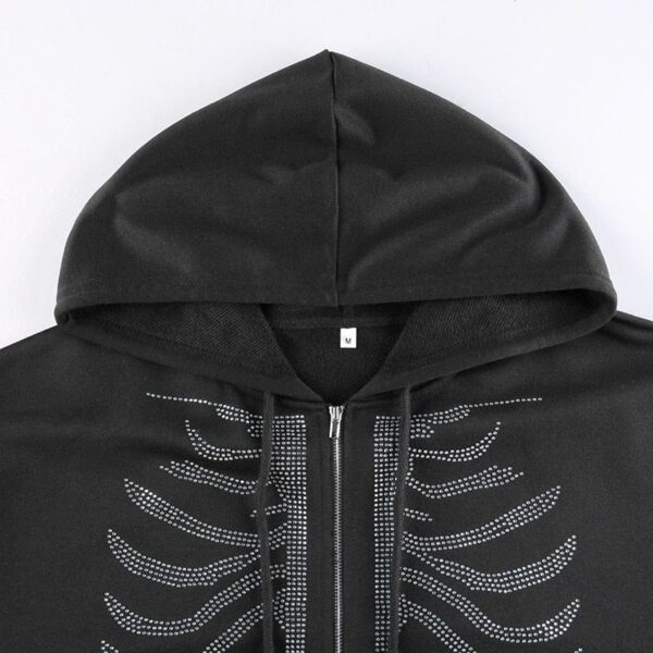 Kinky Cloth 0 Y2K Rhinestone Skeleton Hoodies Women Autumn Streetwear Zip Up Goth Black Sweatshirts Harajuku Grunge Oversized Winter Hoodies